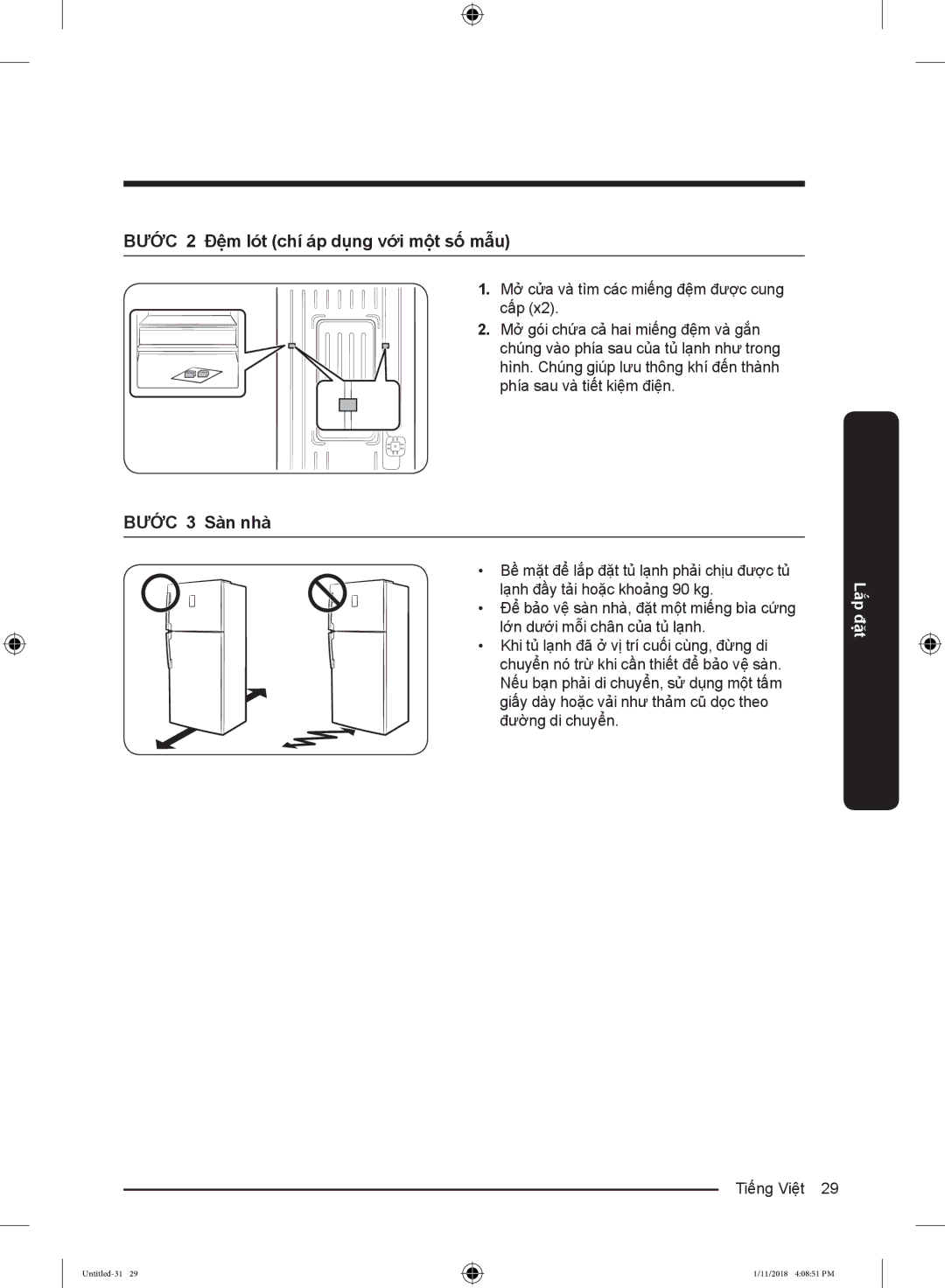 Samsung RT46K6836SL/SV, RT43K6631SL/SV, RT43K6331SL/SV manual BƯỚC 2 Đệm lót chí áp dụng với một số mẫu, BƯỚC 3 Sàn nhà 